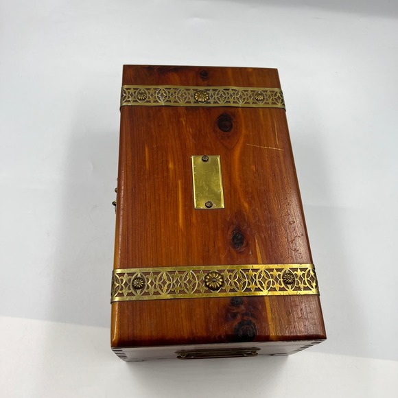 Vintage Wooden Latch Jewelry Storage Box Gold Tone Metal Blue Lining Mirror MCM - Picture 10 of 13